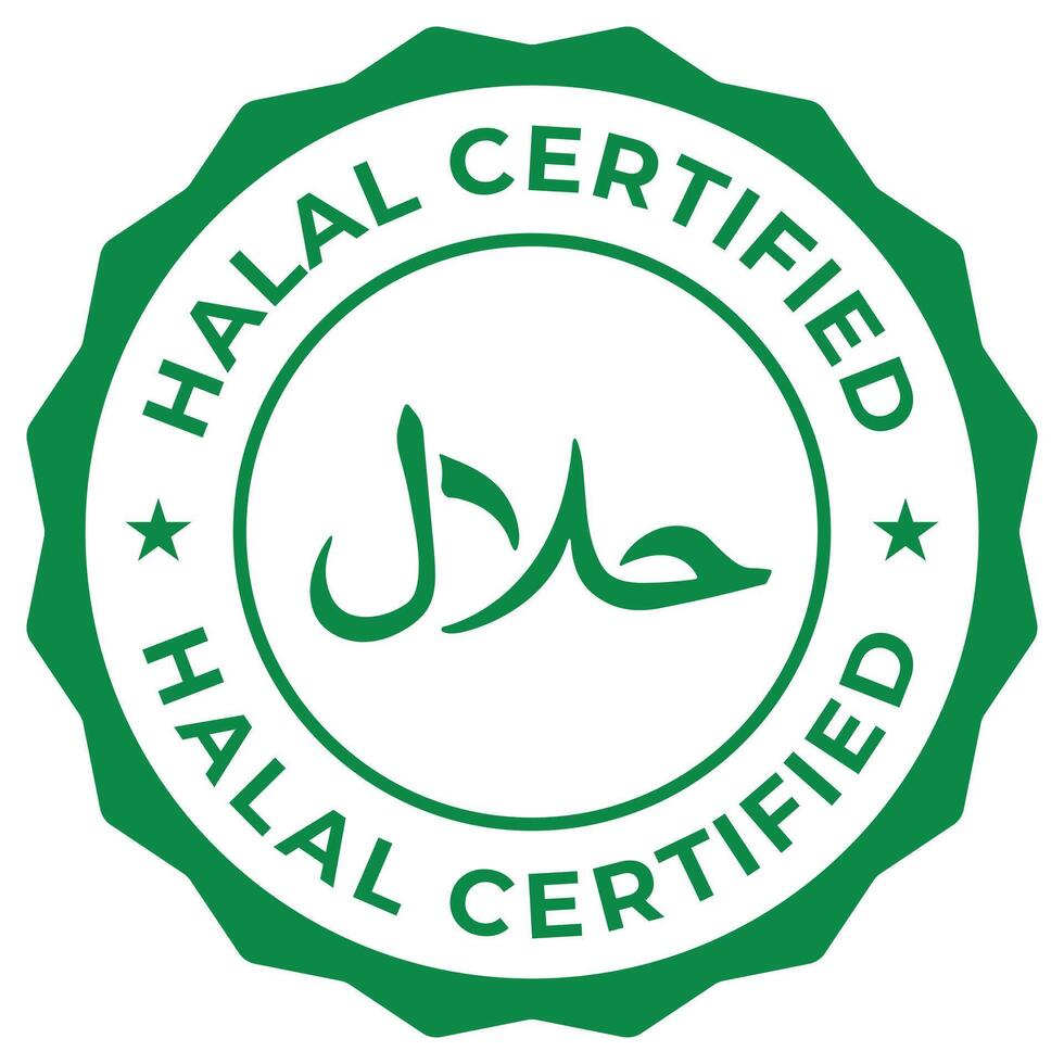 halal certified label icon green illustration islamic halal sign symbol badge sticker stamp tag mark or emblem isolated muslim ramadan food quality arabic seal vector